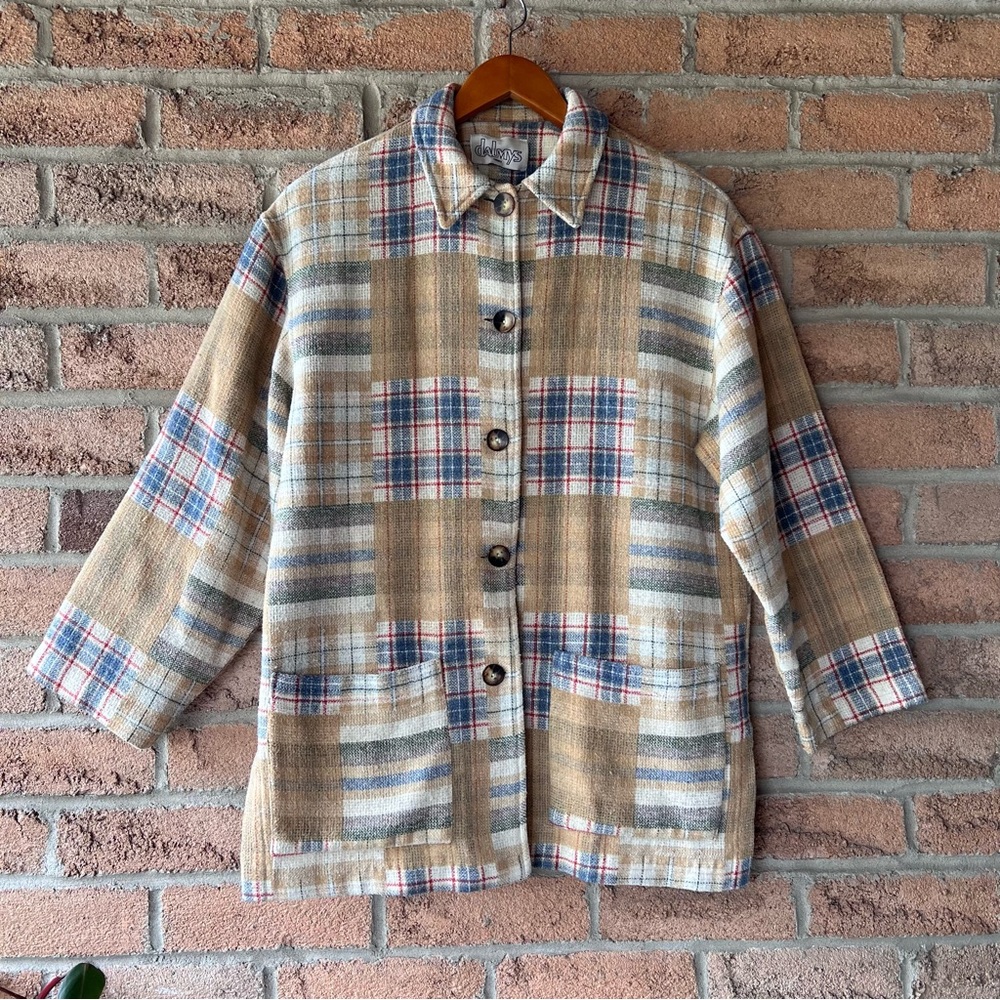DALMYS | Cream, tan, & blue checked plaid rare vintage shacket jacket coat - Picture 1 of 12